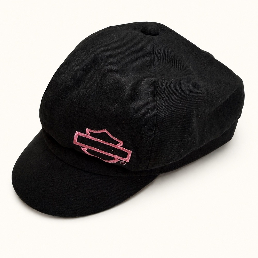 Harley-Davidson Womens Medium Black Newsboy Cabbie Cap Pink Bar & Shield Biker